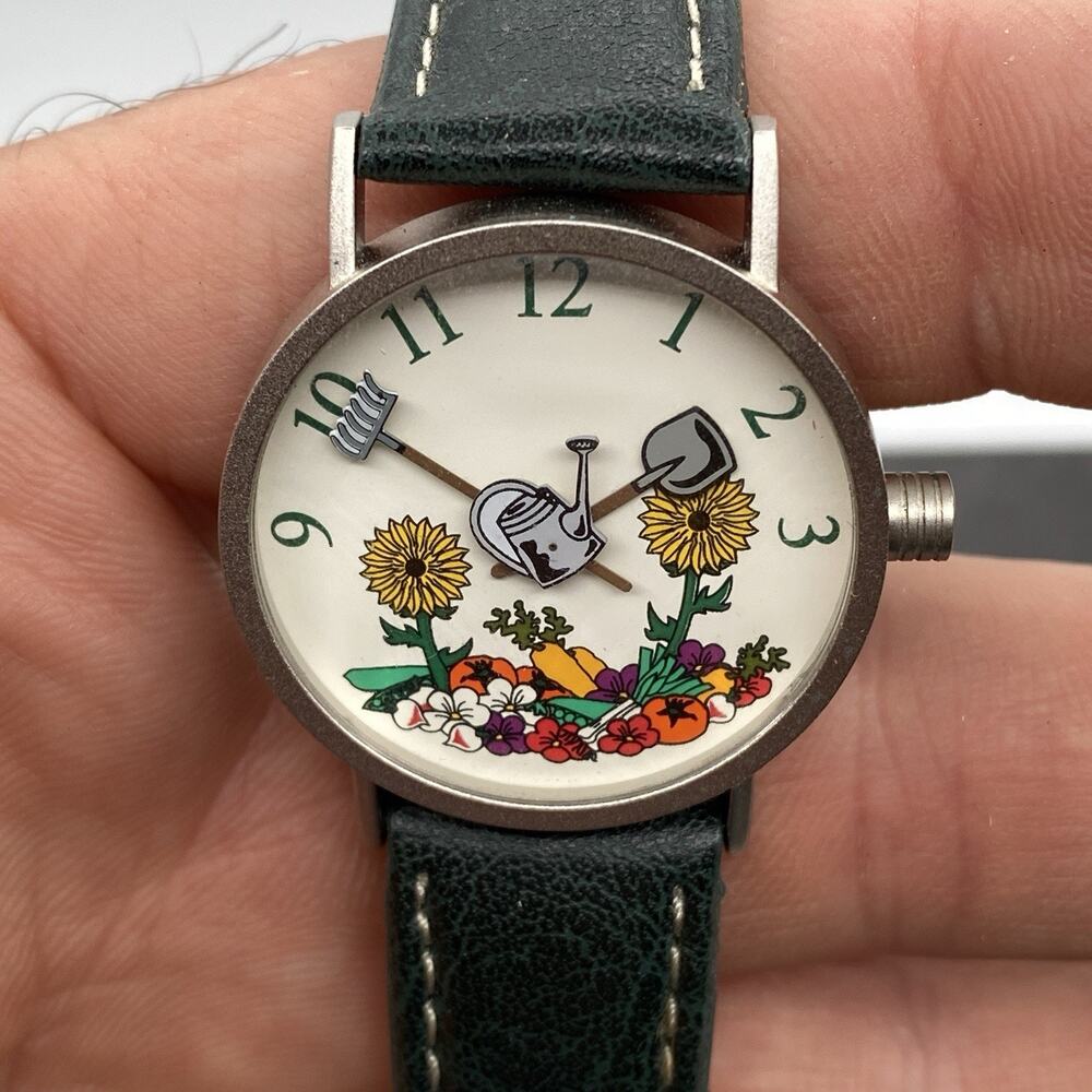Vintage Consort Wrist Watch Gardening Tools Hands Black Leather Band New Battery